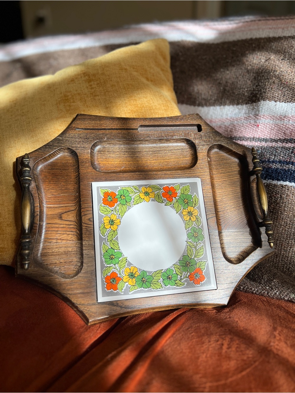 Vintage Wood Serving Tray with Floral Tile Inset - Brown, Green, Yellow, Orange